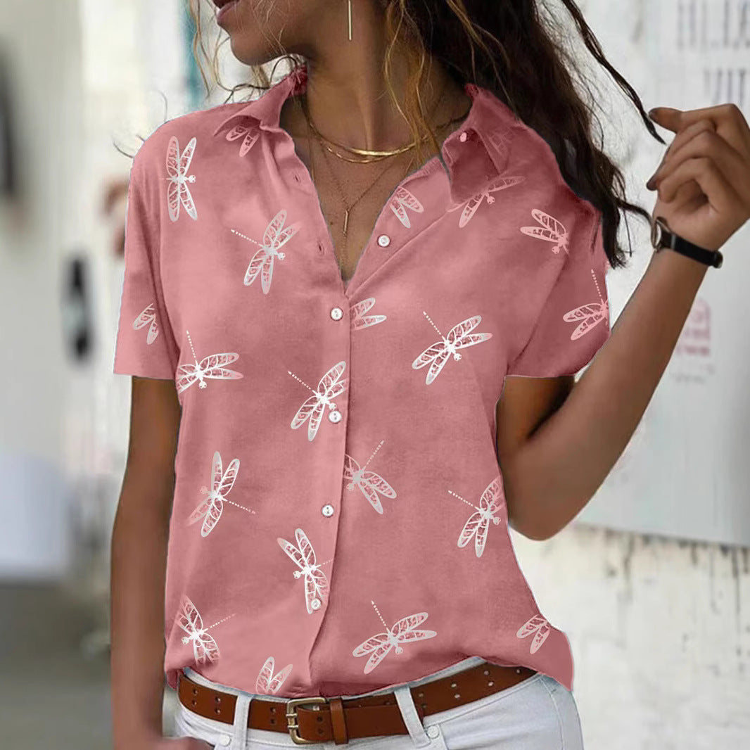 Blusa informal de poliéster con estampado de libélula y manga corta para mujer