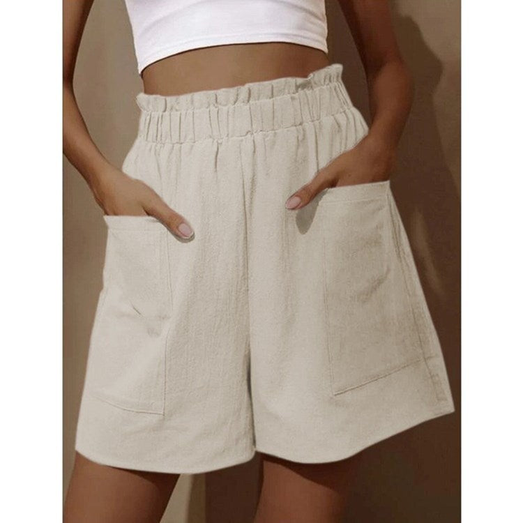 Pantalones cortos casuales de lino y algodón de cintura alta para mujer con pierna ancha