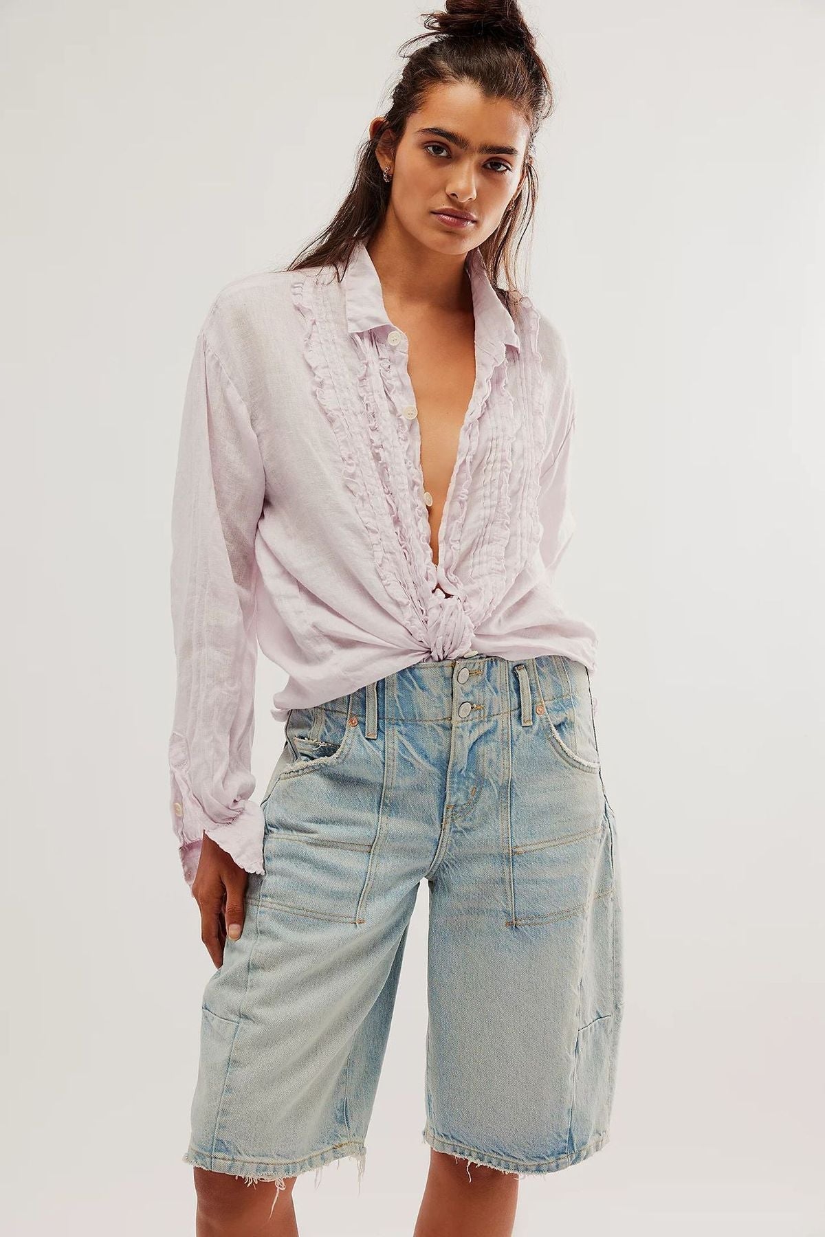 Women Fashion Solid Color Lace Cotton Linen Shirt