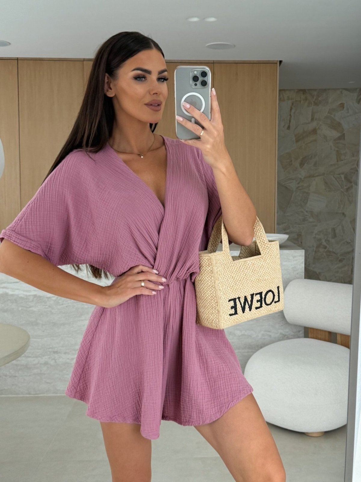 Combinaison ample à col en V et couleur unie pour femme