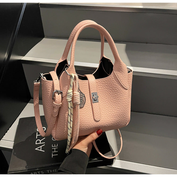 Sac à main seau décontracté de couleur unie pour femme avec motif litchi