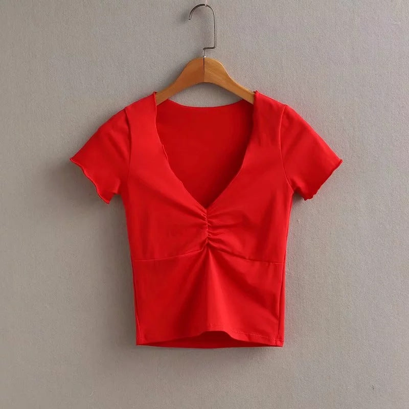 Summer Women Fashion Sexy V-Neck Solid Color Blank T-Shirt
