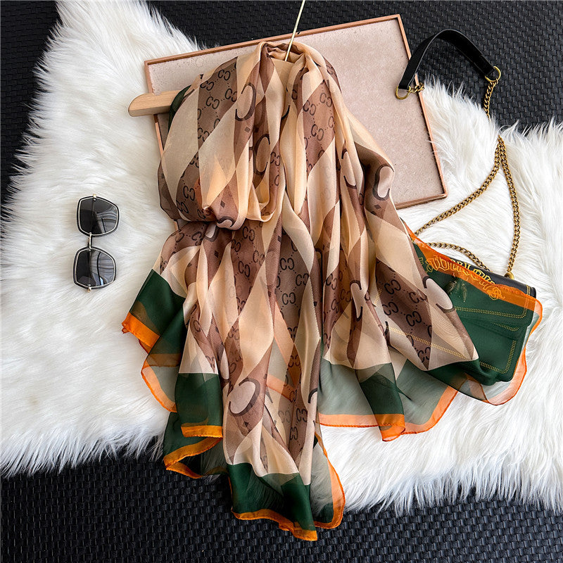 Summer Women Fashion Geometric Leaves Printed Silk Scarf