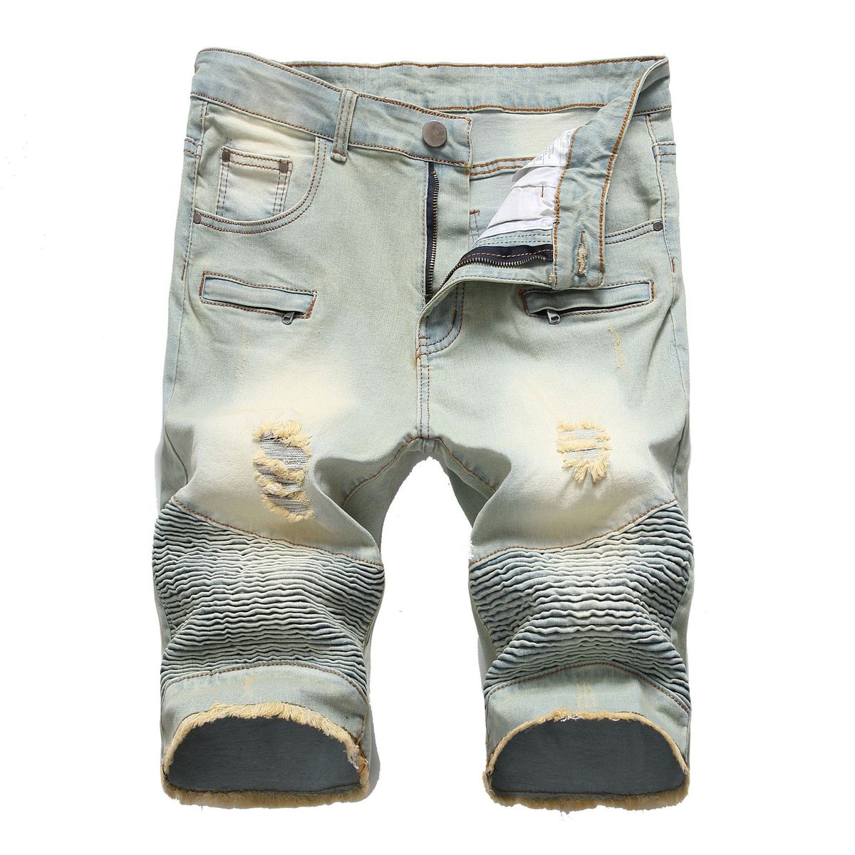 Men Fashion Casual Zipper Wrinkle Stretch Denim Shorts