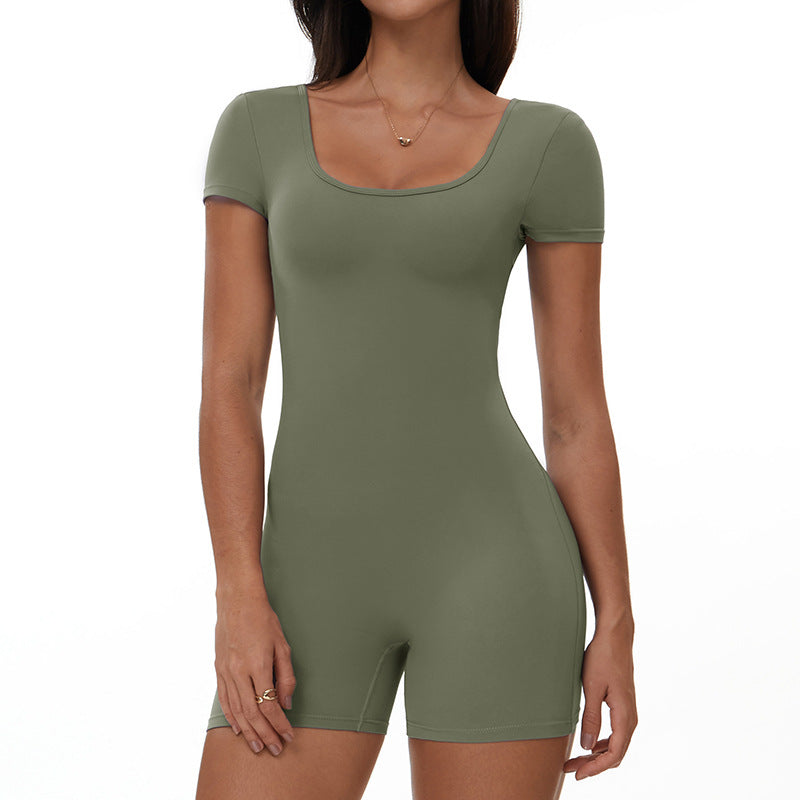 Women Solid Color Short-Sleeve Backless Yoga Rompers - Stylish and Comfortable Activewear