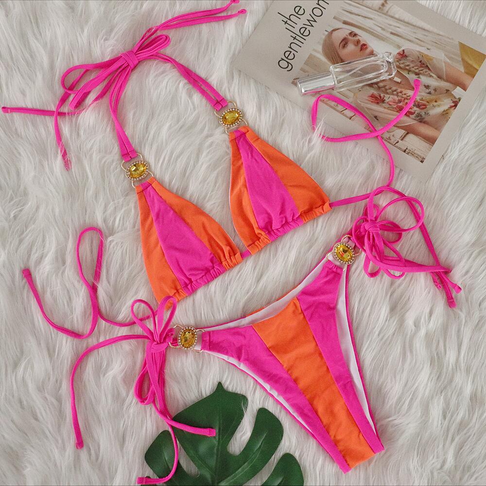 Vacation Women Sexy Rhinestone Contrast Bikini