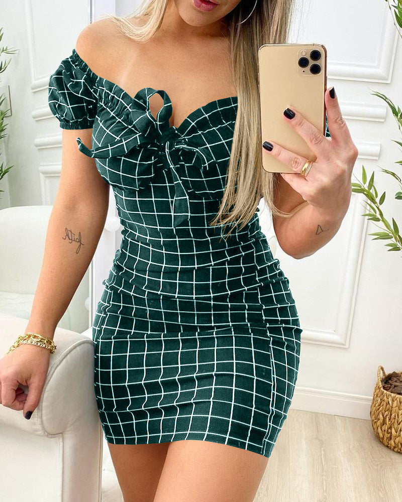 Women Fashion Sexy Plaid Printed Off Shoulder Dress