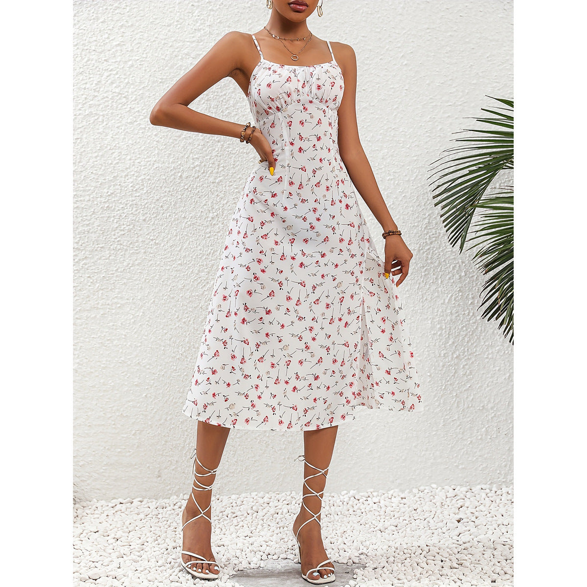 Robe ample fendue à bretelles spaghetti et imprimé floral sexy pour femme