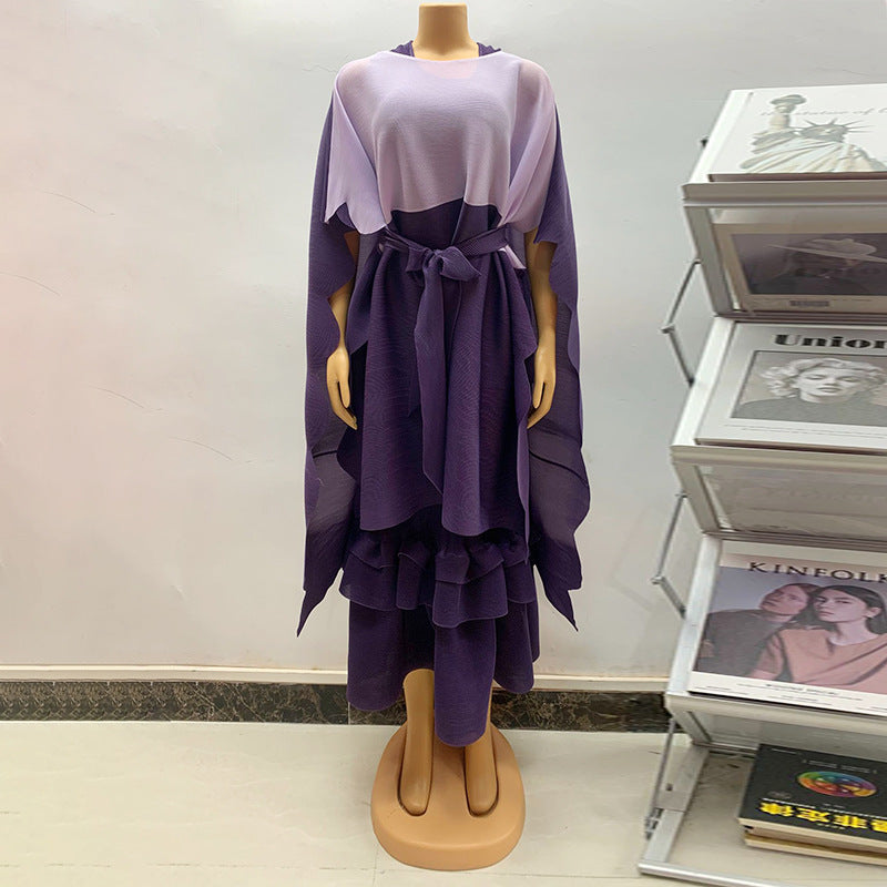 African Women Fashion Pleated Cape Ruffled Dress Set