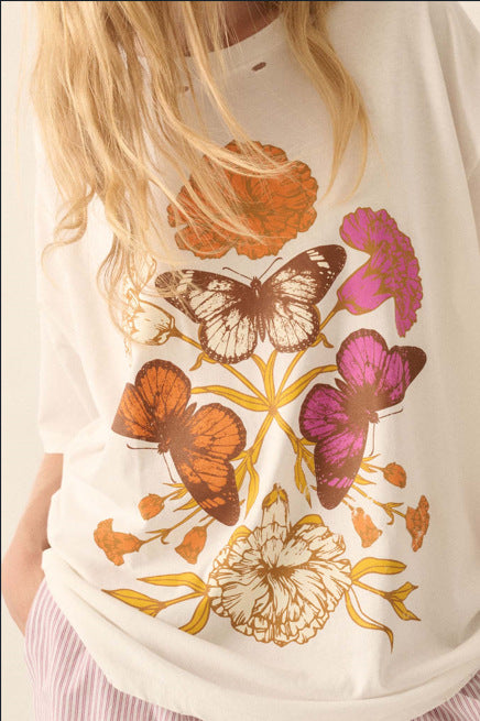 Camiseta informal de manga corta con cuello redondo y estampado para mujer
