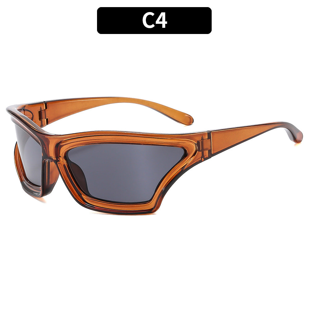 Gafas de sol creativas de moda con montura irregular, lentes acrílicas y montura de PC.