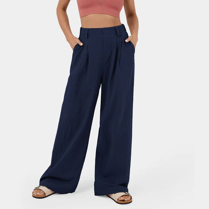 Pantalones casuales de algodón con cintura alta y pierna ancha para mujer