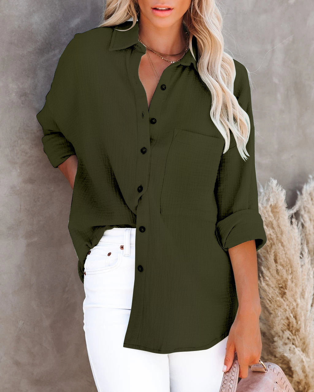Blusa informal de manga larga con cuello en V y botones para mujer