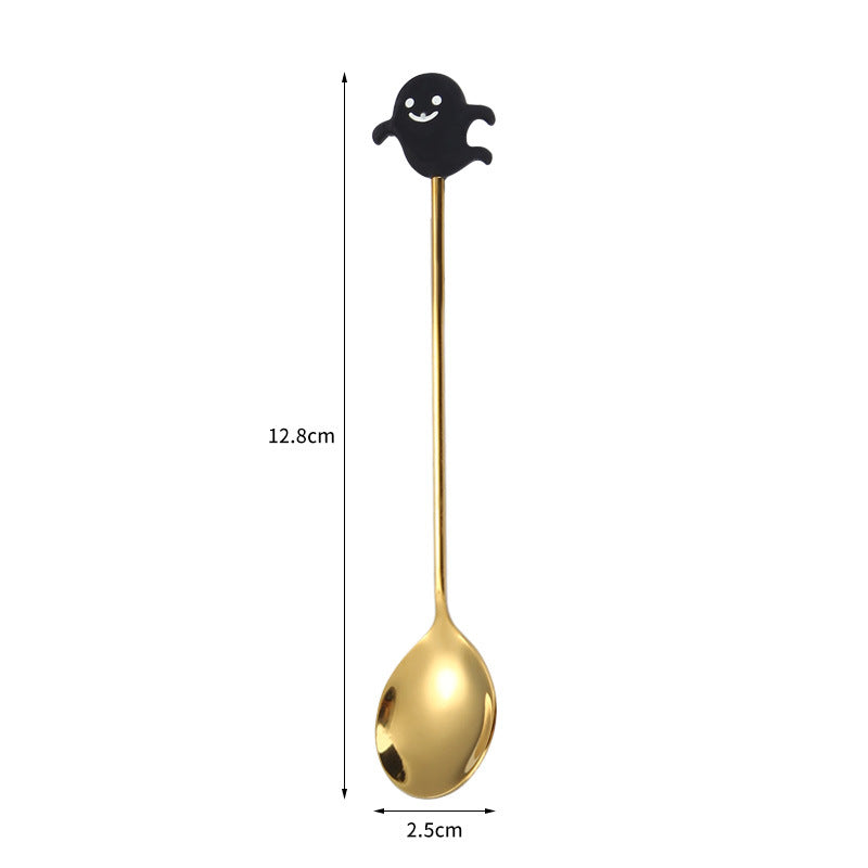 Tenedor y cuchara de acero inoxidable para postres y frutas con dibujos animados de Halloween.