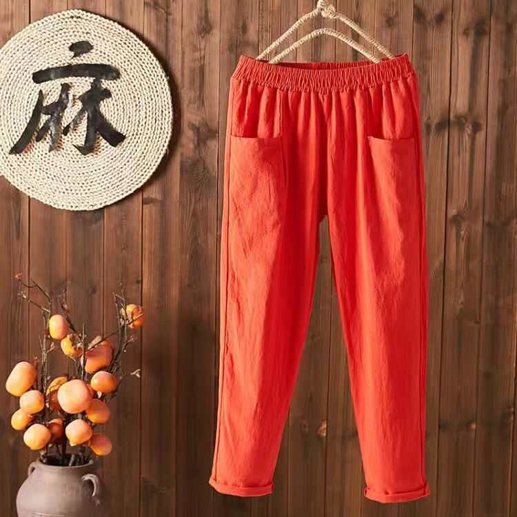 Women Casual Solid Color Cotton Linen Cropped Pants