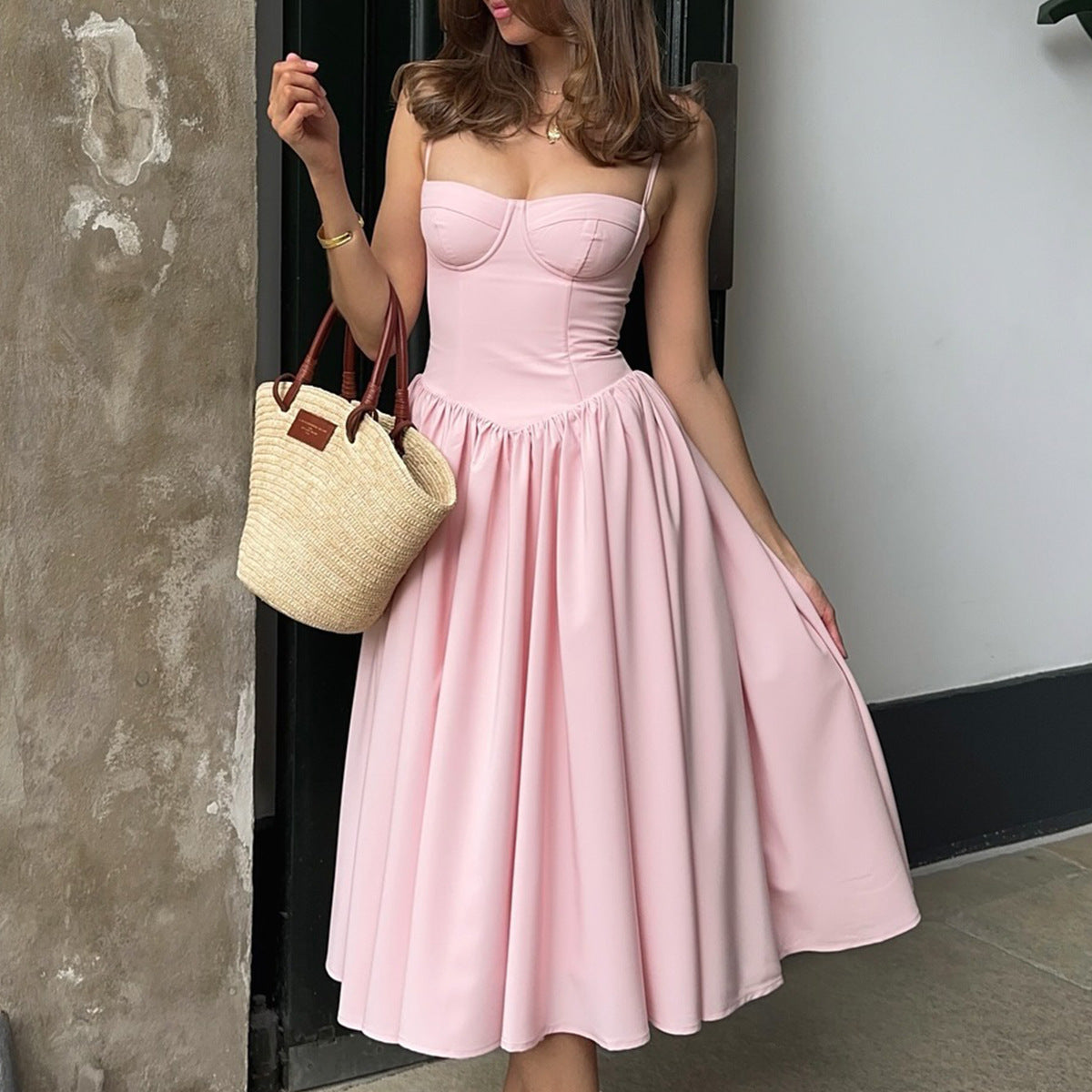 Women V-Neck Spaghetti Strap Backless Dress Solid Color Short Skirt