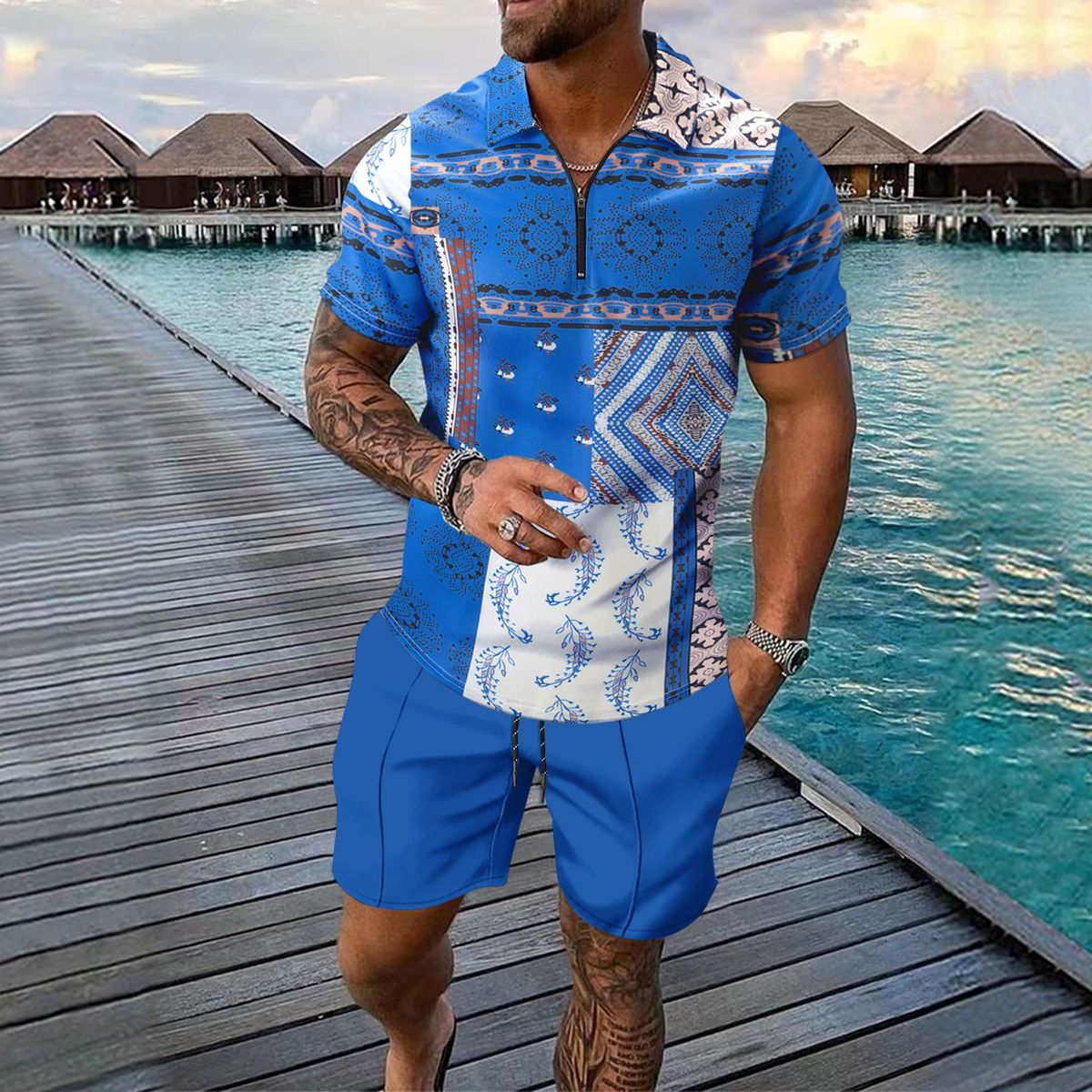 Conjunto de camiseta y pantalones cortos casuales de manga corta con estampado digital para hombre en mezcla de algodón