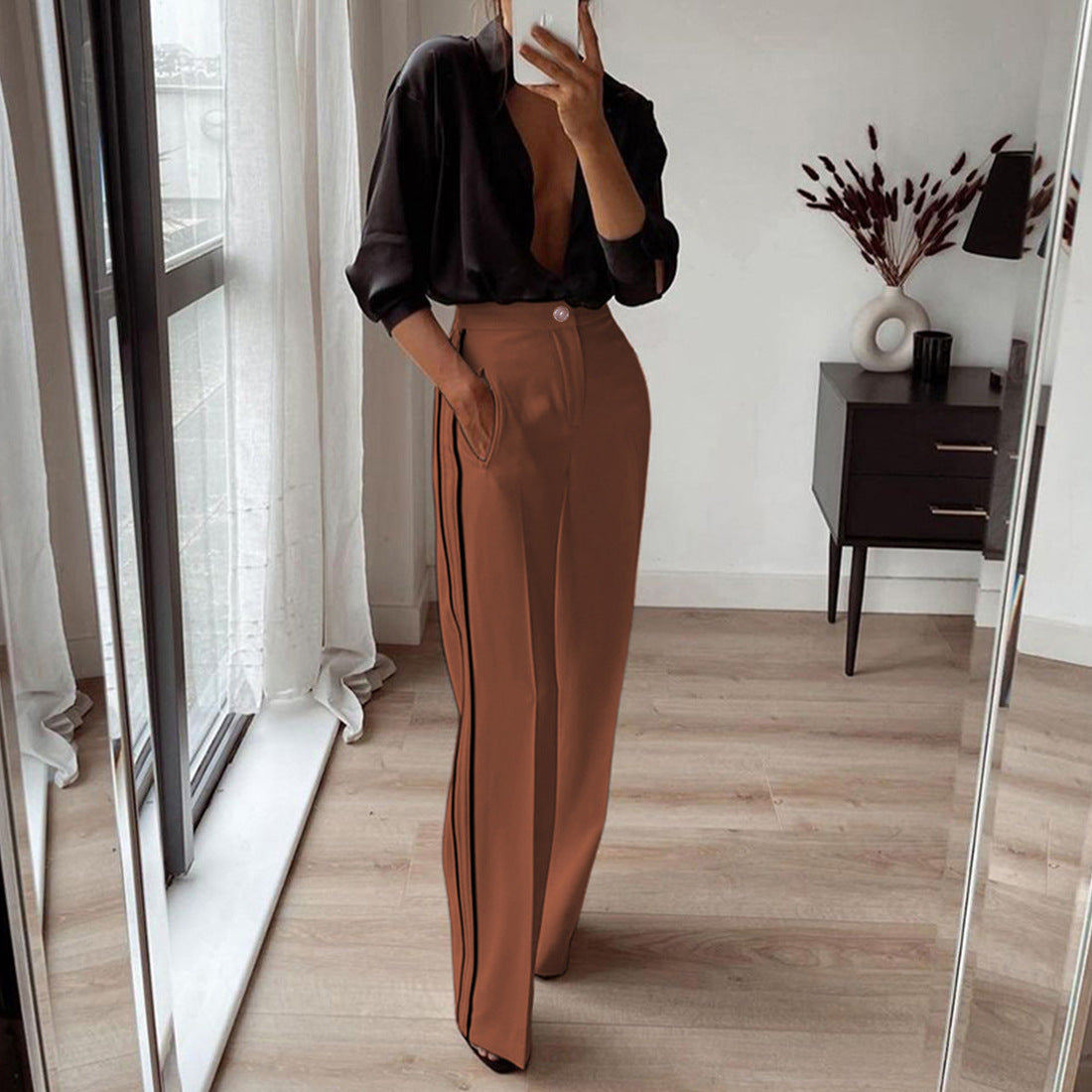 Pantalones rectos casuales de color contrastante de moda para mujer