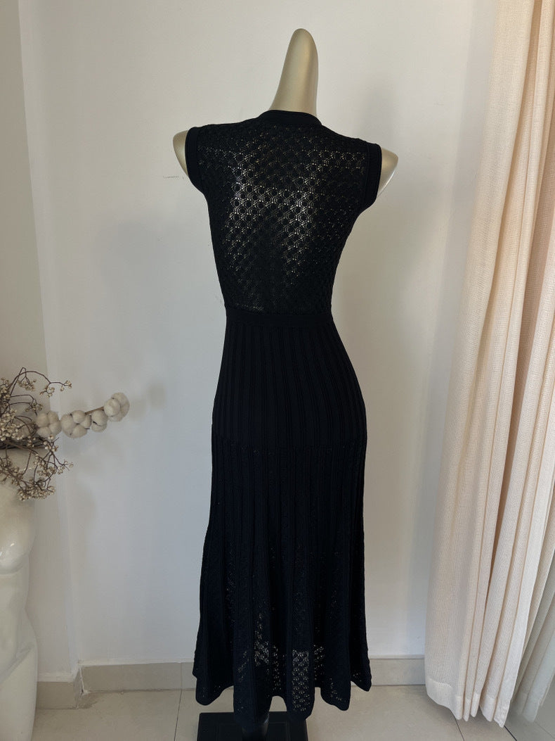 Vestido elegante de punto sin mangas con aberturas para mujer - Midi de poliéster de moda