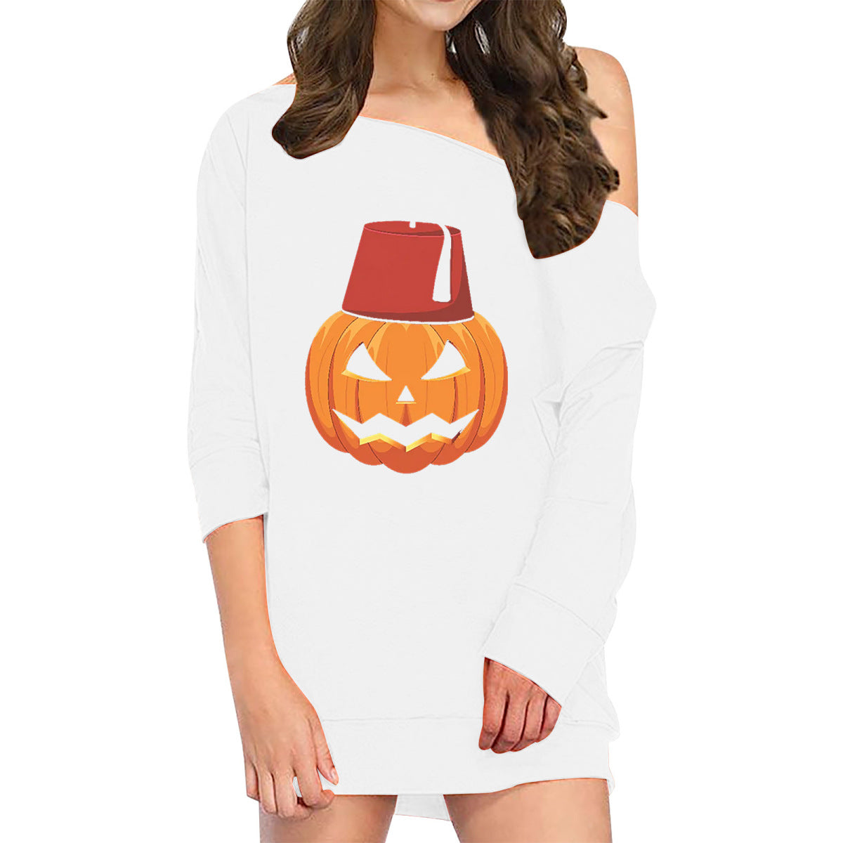 Vestido holgado de manga larga con estampado de calabaza y sonrisa de Halloween para mujer