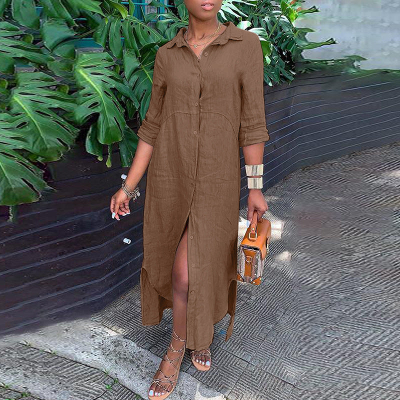 Vestido camisero largo informal de algodón y lino con solapa para mujer