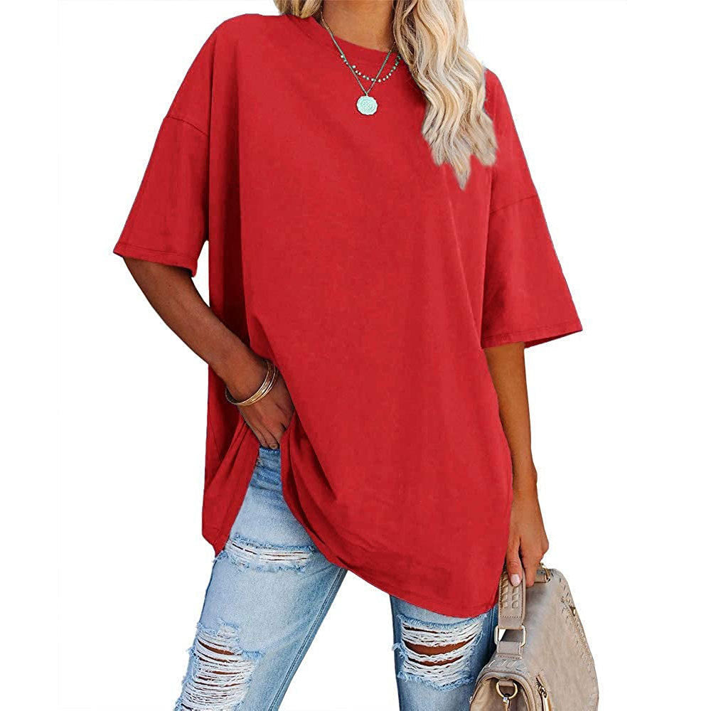 T-shirt décontracté à manches courtes et col rond pour femme, couleur unie, ample et vierge