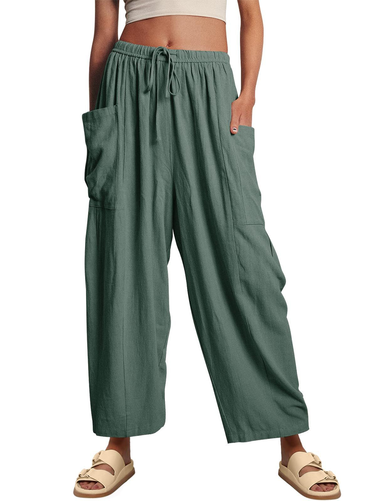Pantalones anchos de cintura alta de lino y algodón para mujer