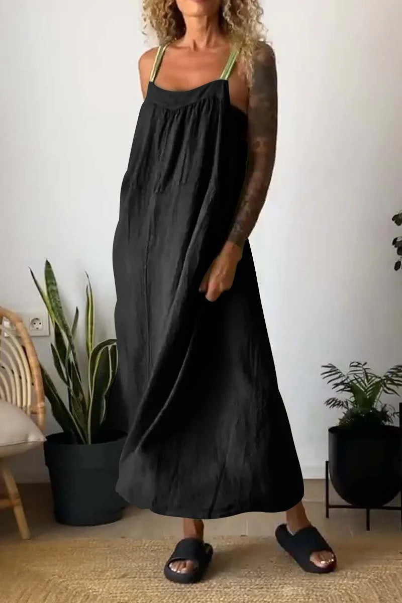 Vestido informal de lino y algodón con tirantes de color liso para mujer