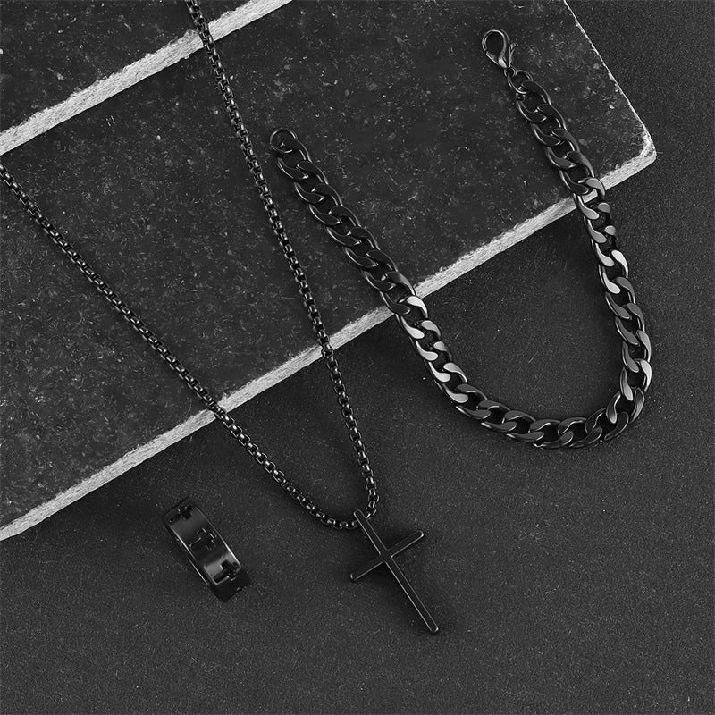 Conjunto de collar, pulsera y anillo con cruz de hip hop de moda
