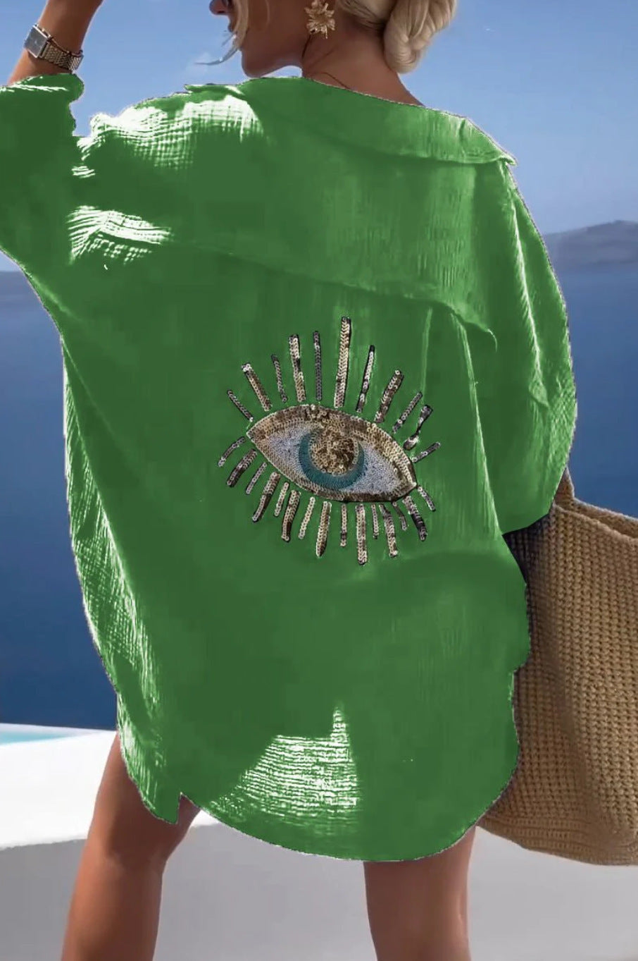 Camisa informal de verano para mujer con estampado de mal de ojo en la espalda