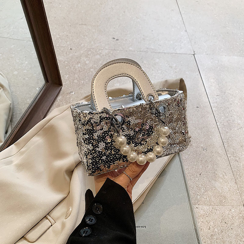 Mini bolso bandolera de verano con lentejuelas brillantes y correa de perlas