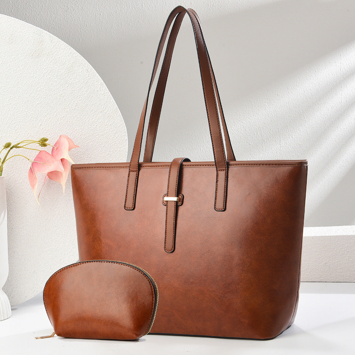 Conjunto de bolso de mano de PU de gran capacidad, informal, de color sólido, a la moda para mujer