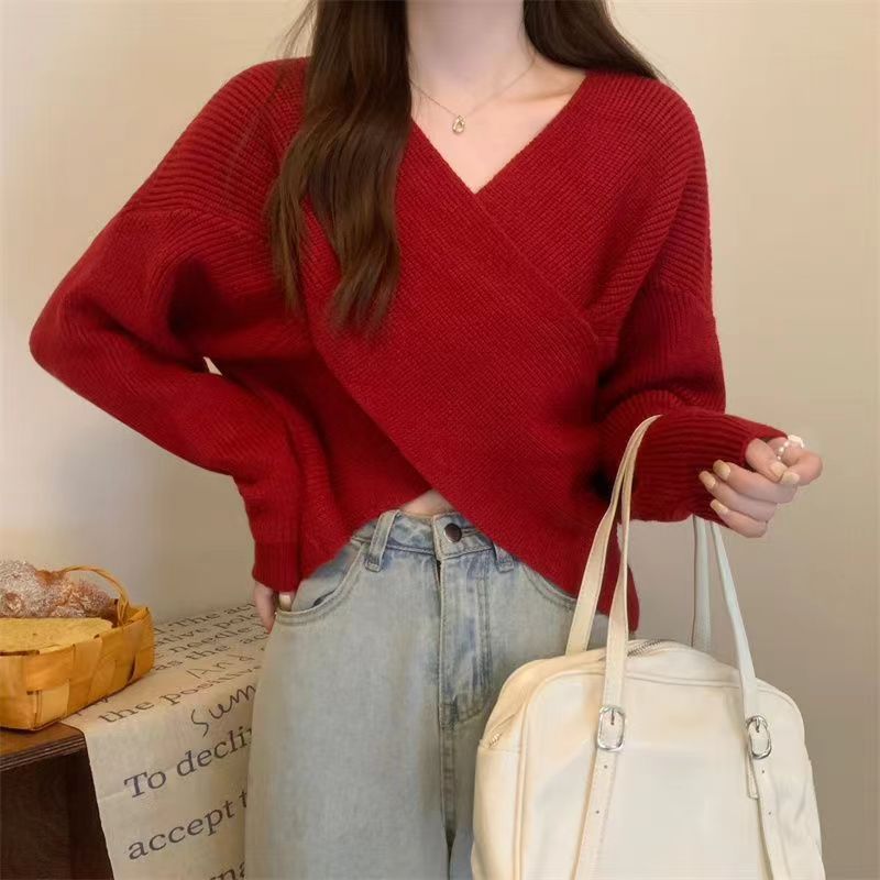 Women Autumn And Winter Cross V-Neck Knitted Sweater