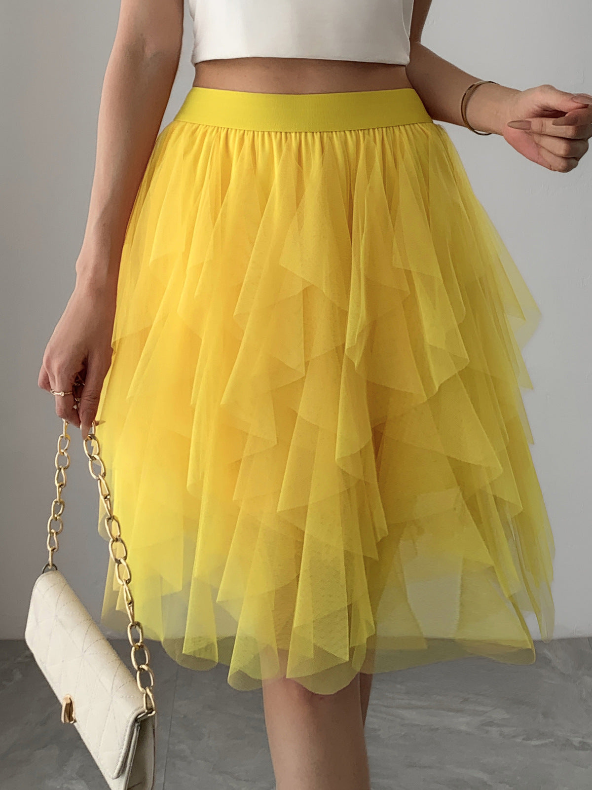 Women Fashion Solid Color Mesh Irregular Hem Skirt