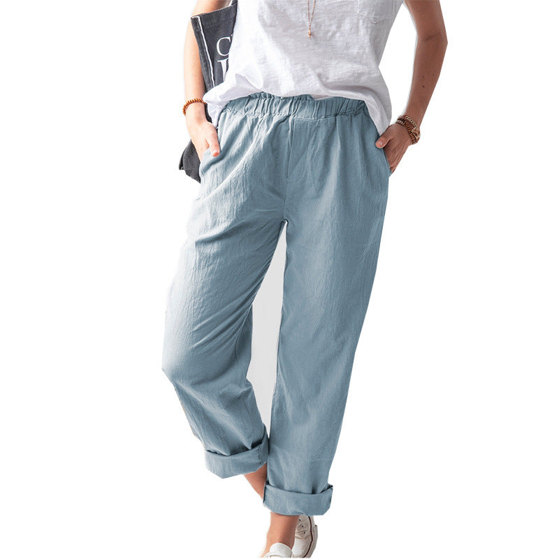 Women Casual Solid Color Cotton And Linen Pants