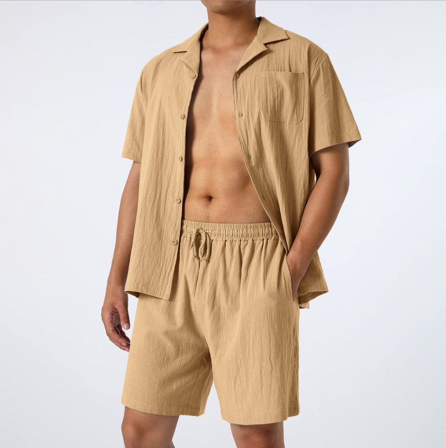 Conjunto informal de dos piezas de lino y algodón de manga corta para hombre
