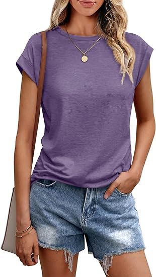 Camiseta informal de verano para mujer, color liso, cuello redondo, manga corta, sin mangas