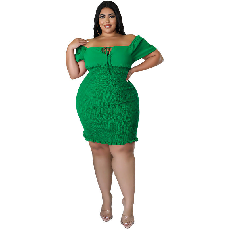 Women Solid Color Off Shoulder Short-Sleeve Dress