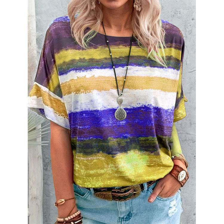 T-shirt décontracté à manches courtes en coton mélangé pour femme, imprimé multicolore