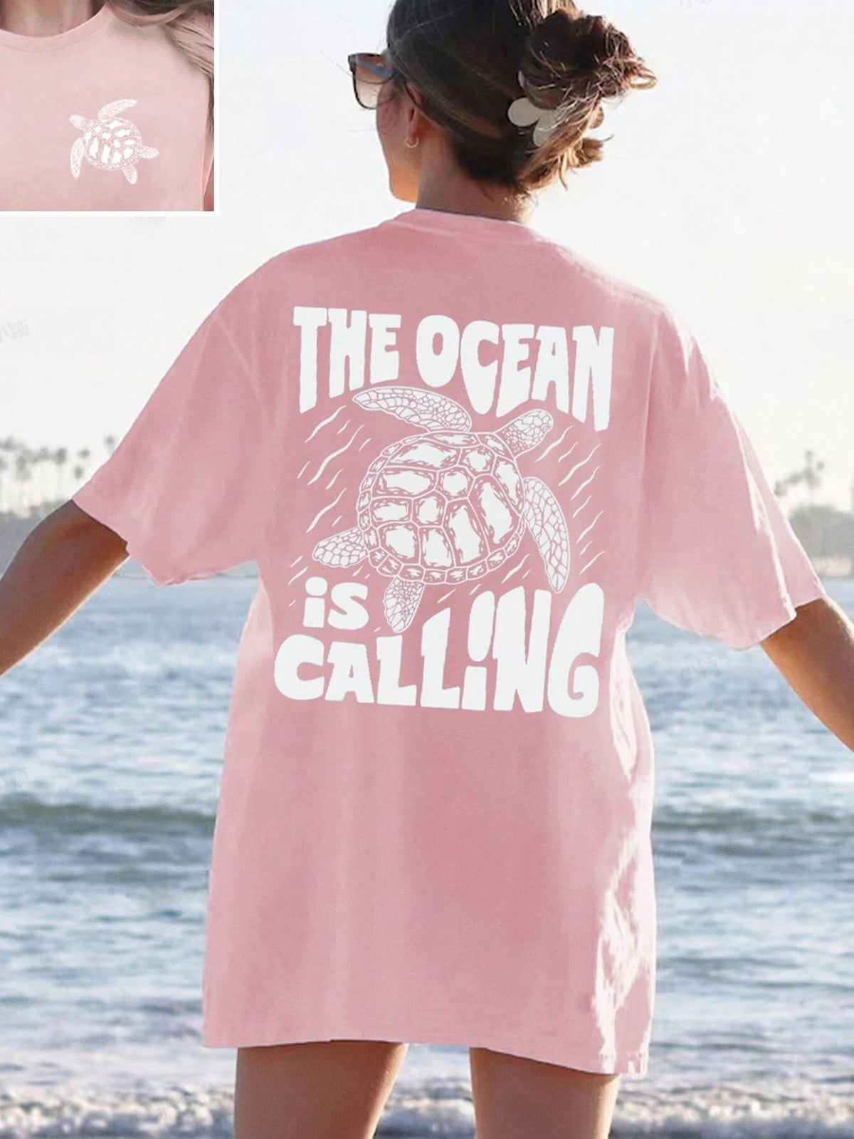 T-shirt décontracté en coton imprimé lettres et tortues pour femme