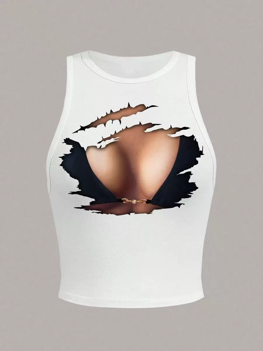 Camiseta sin mangas ajustada con estampado sexy a la moda para mujer, estilo hipster urbano de poliéster