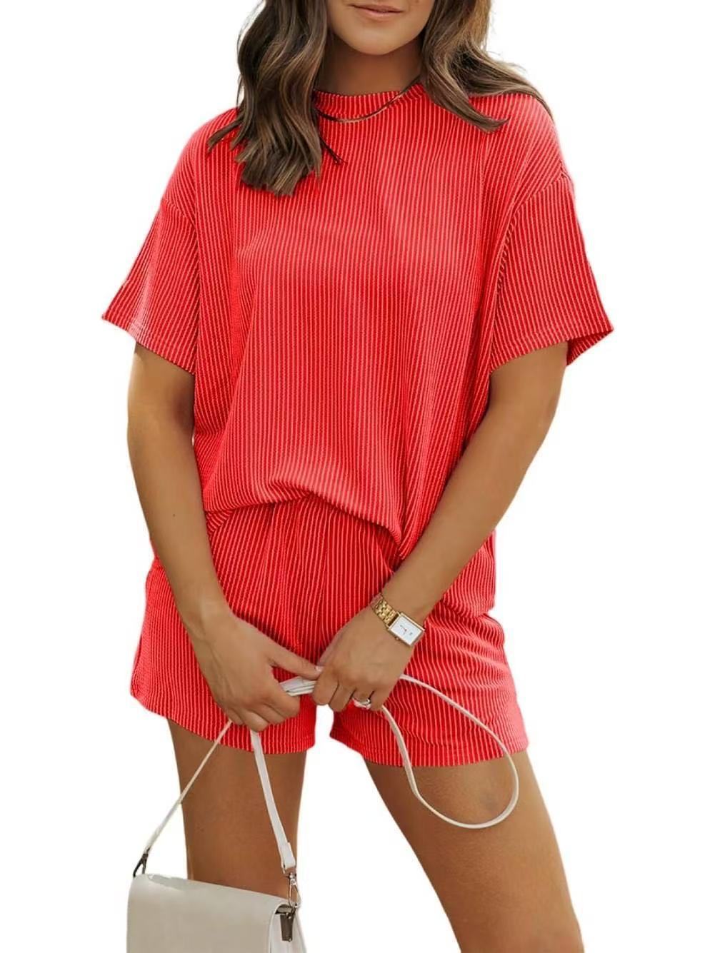 Conjunto de camiseta informal de rayas de color liso para mujer