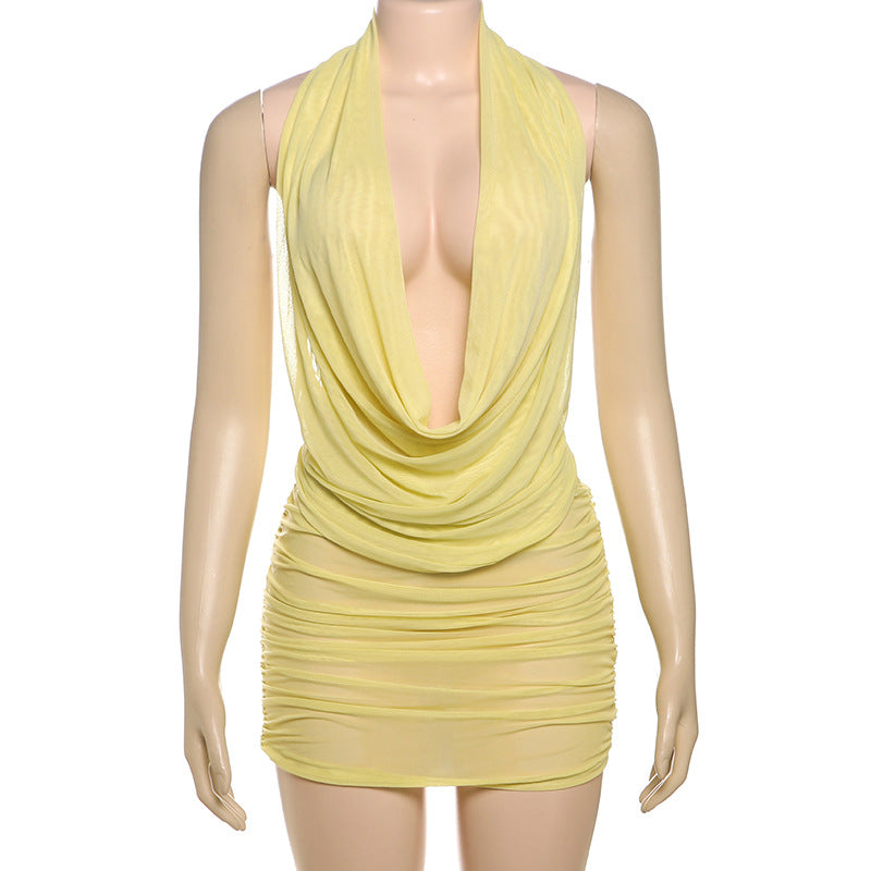 Top sexy de cuello halter de color sólido para mujer y falda plisada