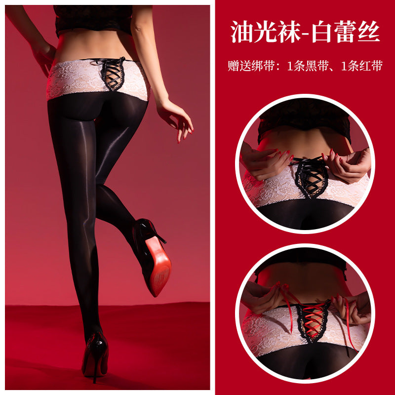 Women Sexy Lace Stitching Lace-Up Stockings