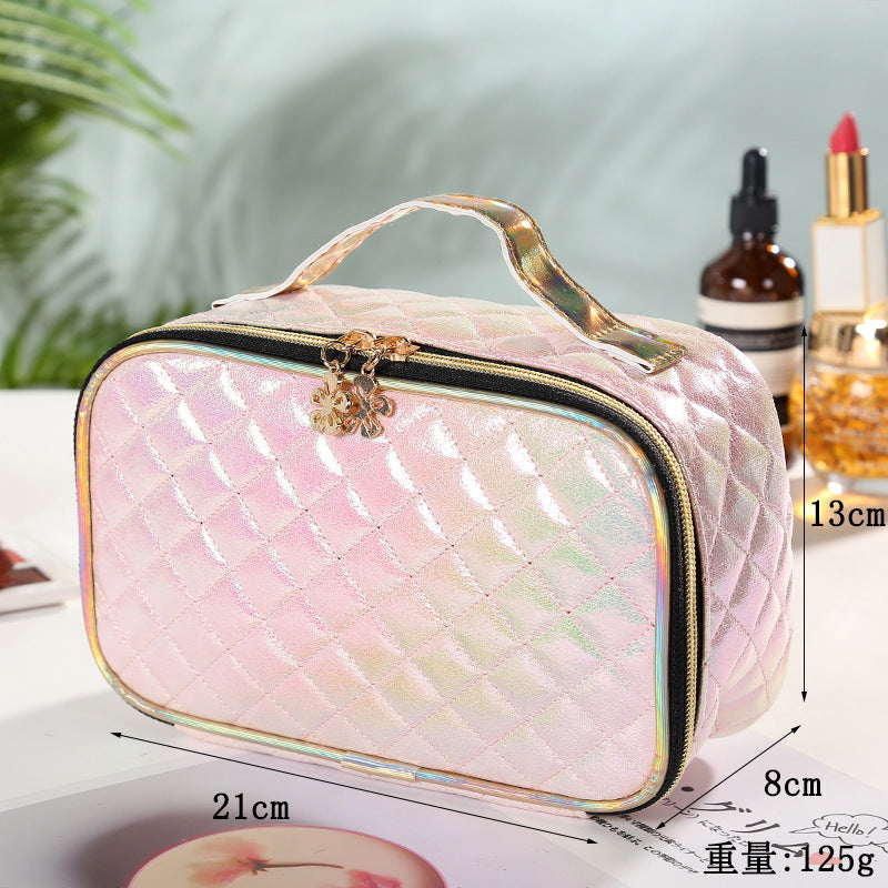 Bolsa de cosméticos de cuero sintético con efecto láser y degradado de color