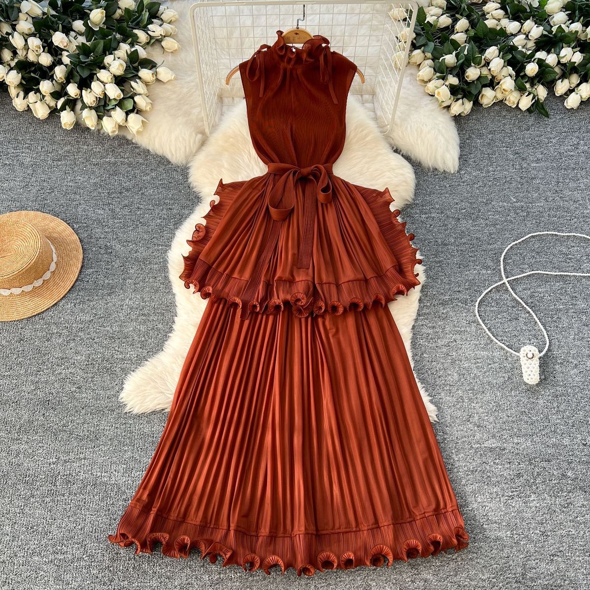 African Women Summer Pleated Ruffled Maxi Dress