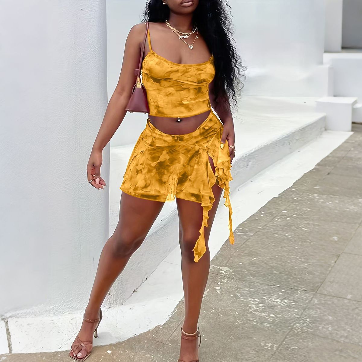Women Fashion Sexy Tie-Dye Mesh Camisole Skirt Set