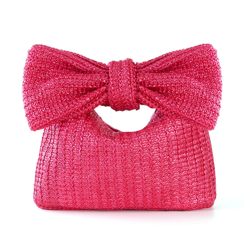 Women Summer Vacation Bow Straw Woven Handbag