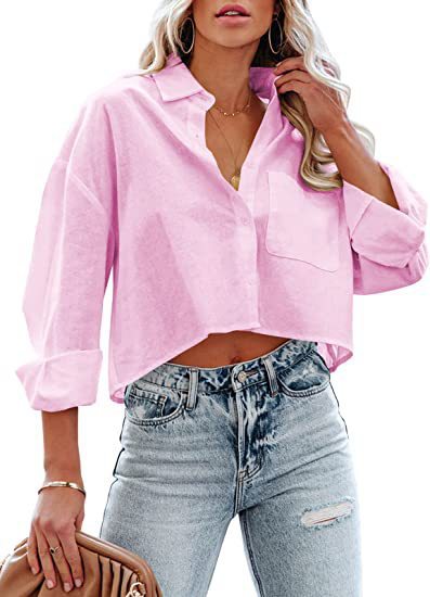 Blusa corta informal de algodón de manga larga de color liso para mujer