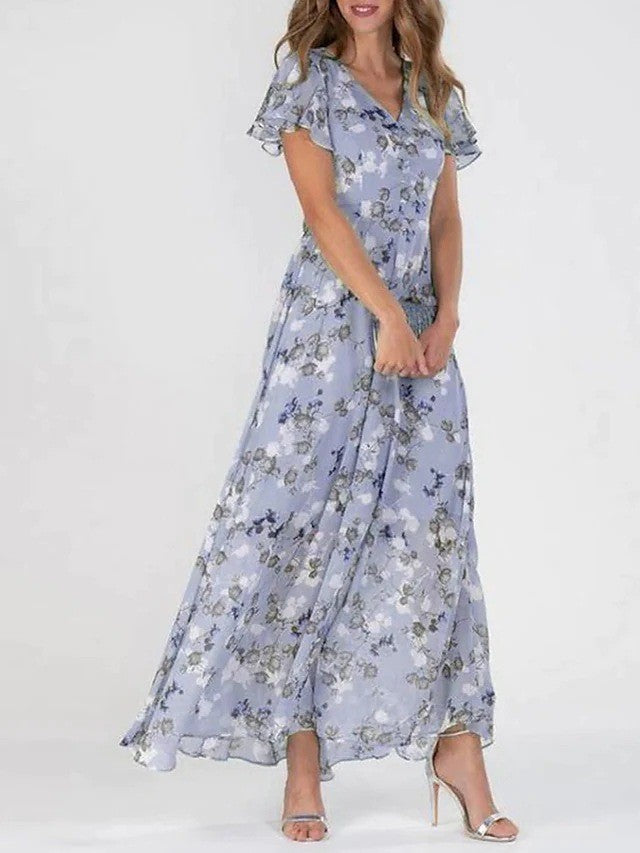 Women Fashion Casual Flower Printed Chiffon Dress